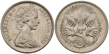 Австралия 5 центов 1982 Елизавета II (1953-), молодой портрерт, ехидна KM 64 медно-никель 4156-337