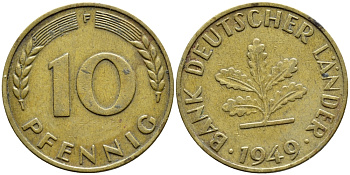 ФРГ 10 ПФЕННИГОВ 1949 F KM 103, J.378 сталь плакированная латунью 54-2123