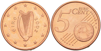 ИРЛАНДИЯ 5 ЕВРОЦЕНТОВ 2002 KM 34 сталь плакированная медью UNC 214-252