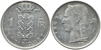 БЕЛЬГИЯ 1 ФРАНК 1969 BELGIQUE KM 142.1 медно-никель 4385-426