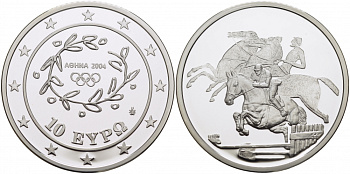 Греция 10 евро 2003 XXVIII летние Олимпийские игры 2004 года в Афинах, конный спорт, конкур KM 197 серебро PROOF 01-171-11