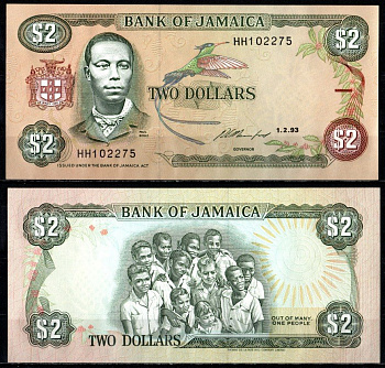 Ямайка 2 доллара 1993 Pick 69 e бумага UNC (пресс) 8611-33-3-1