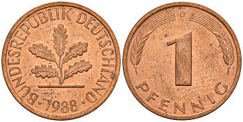 ФРГ 1 пфенниг 1988 D KM 105, J. 380 сталь плакированная медью    4598-645