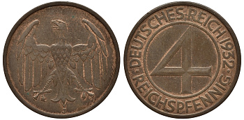 Германия 4 рейхспфеннига 1932 J KM 75, J. 315 медь 1525-313