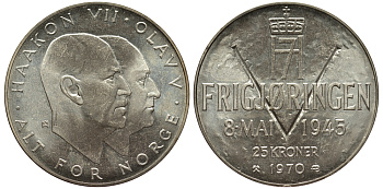Норвегия 25 крон 1970 25 лет освобождения от фашизма KM 414 серебро UNC 1530-1442