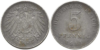 Германия 5 пфеннигов 1921 A KM 19, J. 297, Weege 5 железо 206-742
