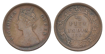 Британская Индия 1/2 пайс 1862 Виктория (1837-1901) KM 466 медь 75-1036
