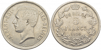 БЕЛЬГИЯ 5 ФРАНКОВ 1930 BELGES KM 97.1 никель 114-826