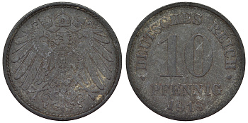 Германия 10 пфеннигов 1918 KM 26, J. 299, Weege 8 цинк 4119-424