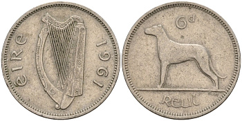Ирландия 6 пенсов 1961 ирландский волкодав KM 13a медно-никель 4146-451