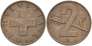 Швейцария 2 раппена 1957 В KM 47 бронза 4591-1143