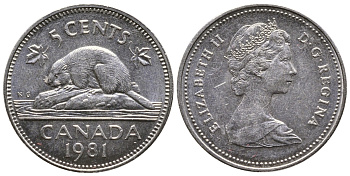 Канада 5 центов 1981 Елизавета II (1952-2022), бобер KM 60.2 никель 4364-2557