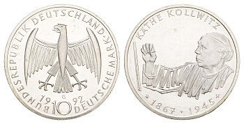 ФРГ 10 марок 1992 G, 125 лет со дня рождения Кете Кольвиц KM 178 серебро UNC 4634-1021