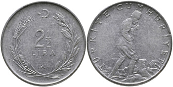 ТУРЦИЯ 2 1/2 ЛИРЫ 1964 KM 893.1 нержавеющая сталь 29-1043