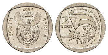 ЮАР 2 ранда 2004 10 лет первым всеобщим выборам KM 334 медь плакированная никелем UNC 4628-125