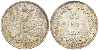 Россия для Финляндии 25 пенни 1916 S, Николай II (1894-1917) KM 6.2, Биткин 421 серебро 63-365