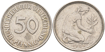 ФРГ 50 пфеннигов 1950 G KM 109.1, J. 384 медно-никель 4586-625
