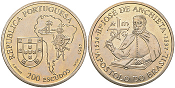Португалия 200 эскудо 1997 390 лет со дня смерти Бенто ди Гойш KM 700 медно-никель UNC 4677-313