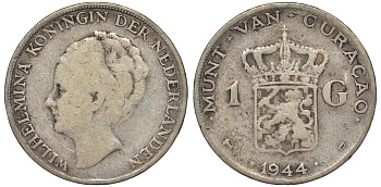 Нидерландское Кюрасао 1 гульден 1944 D, Вильгельмина (1890-1948) KM 45 серебро 36-517