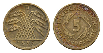 Германия 5 рейхспфеннигов 1925 D KM 39, J. 316 алюминиевая бронза 4651-718