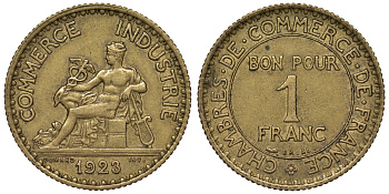 Франция 1 франк 1923 тип Chambres de Commerce KM 876, Le Franc 218.5 алюминиевая бронза 4128-257