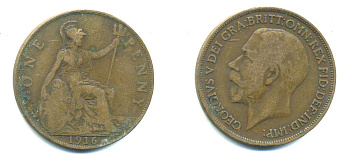 Великобритания 1 пенни 1916 Георг V (1910-1936) KM 810, Spink 4051 бронза 4383-631