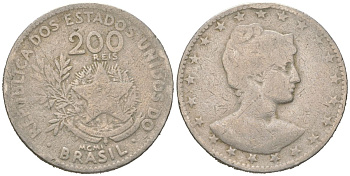 Бразилия 200 реалов 1901 MCMI, голова свободы вправо KM 504 медно-никель 4612-135