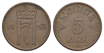 Норвегия 5 эре 1955 Хокон VII (1905-1957) KM 400 бронза 4635-546
