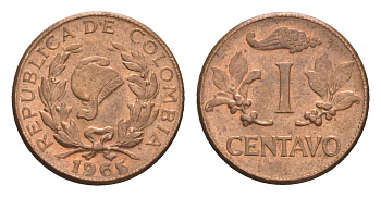 Колумбия 1 сентаво 1965 KM 205 бронза aUNC 4655-868