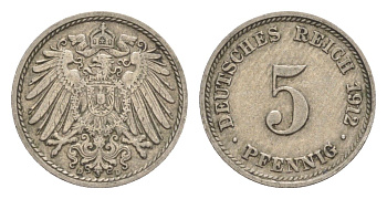 Германия 5 пфеннигов 1912 D, Вильгельм II (1888-1918) KM 11, J. 12 медно-никель 4640-141