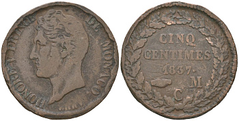 Монако 5 сантимов 1837 MC, Оноре V (1819-1841) KM 95.1 латунь 110-943