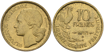 Франция 10 франков 1951 B, петух KM 915.2, Le Franc 363.5 алюминиевая бронза 188-531