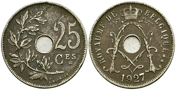 Бельгия 25 сантимов 1927 Belgique KM 68 медно-никель 4165-541