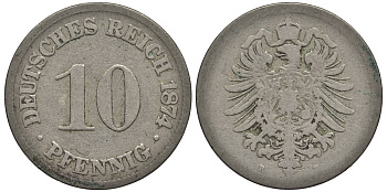 ГЕРМАНИЯ 10 ПФЕННИГОВ 1874 B, СТАРОГЕРБОВКА KM 4, Jager 4, Weege 7 медно-никель 4546-1112