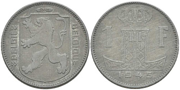 БЕЛЬГИЯ 1 ФРАНК 1945 BELGIE-BELGIQUE, ЛЕОПОЛЬД II (1934-1950), ГЕРМАНСКАЯ ОККУПАЦИЯ, ВТОРАЯ МИРОВАЯ ВОЙНА KM 128 цинк 202-941
