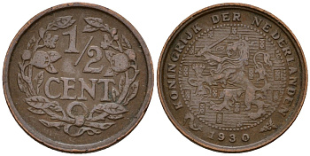 Нидерланды 1/2 цента 1930 Вильгельмина (1890-1948) KM 138 бронза 4169-1225