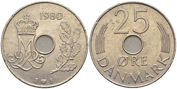 ДАНИЯ 25 ЭРЕ 1980 B;B, МАРГРЕТЕ II (1972-) KM 861.2 медно-никель 202-747