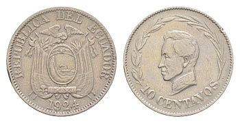 Эквадор 10 сентаво 1924 KM 66 медно-никель 1528-1421