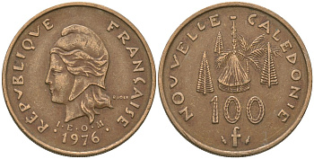 Французская Новая Каледония 100 франков 1976 хижина среди сосен и пальм, (IEOM) KM 15, Schoen 16, Lec 130 никель бронза 88-242