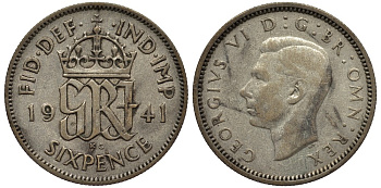 Великобритания 6 пенсов 1941 Георг VI (1936-1952) KM 852, Spink 4084 серебро 4538-444