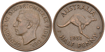Австралия 1/2 пенни 1951 PL, Георг VI (1936-1952), кенгуру KM 42 бронза 4573-531