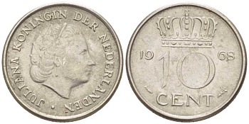 НИДЕРЛАНДЫ 10 ЦЕНТОВ 1968 ЮЛИАНА (1948-1980) KM 182 никель 214-1229