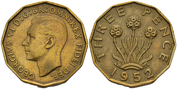 Великобритания 3 пенса 1952 Георг VI (1936-1952), второй выпуск KM 873, Spink 4113 никель латунь 4153-727