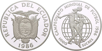 Эквадор 1000 сукре 1986 чемпионат мира по футболу в Мексике 1986 года, удар головой KM 88 серебро PROOF 00-000-00