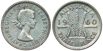 Австралия 3 пенса 1960 m, Елизавета II (1952-2022) KM 57 серебро 71-643