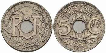 ФРАНЦИЯ 5 САНТИМОВ 1925 ТИП ЛИНДАЙЁ KM 875, LE FRANC 122.10 медно-никель 4379-347