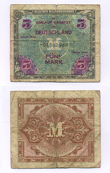 ГЕРМАНИЯ 5 МАРОК 1944 8 ЦИФР В НОМЕРЕ, ОККУПАЦИЯ ГЕРМАНИИ, ВТОРАЯ МИРОВАЯ ВОЙНА Pick 193d бумага 6300-14-2-1
