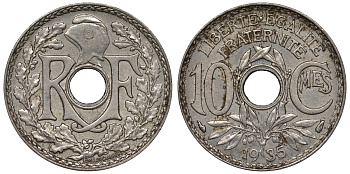 Франция 10 сантимов 1935 тип Lindauer KM 866а, Le Franc 138.22 медно-никель 4128-152