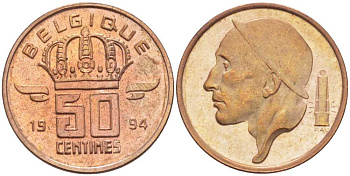 БЕЛЬГИЯ 50 САНТИМОВ 1994 BELGIQUE, БОДУЭН I (1951-1993) KM 148.1 бронза 214-662