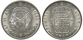 Швеция 2 кроны 1956 TS, Густав VI Адольф (1950-1973) KM 827 серебро 4179-1331